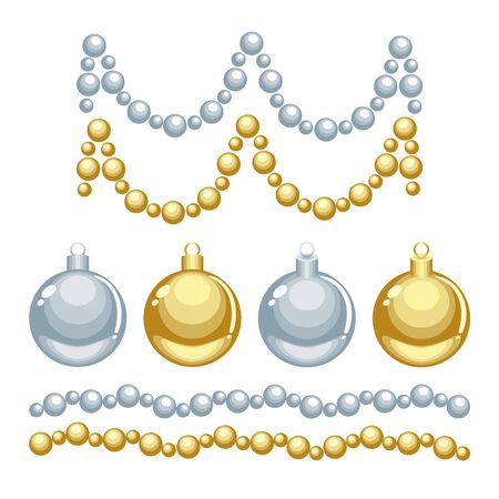 Christmas silver and golden cartoon vector ornaments and beads isolated on white backgroundのイラスト素材