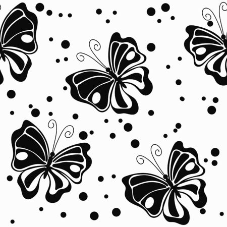 Black butterfly and ink drops on the white background vector seamless patternのイラスト素材