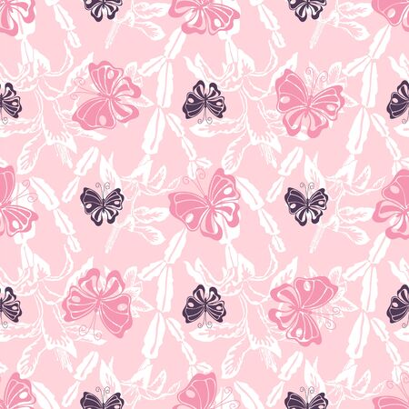 Pink butterfly and white blooming Christmas cactus silhouette vector seamless patternのイラスト素材