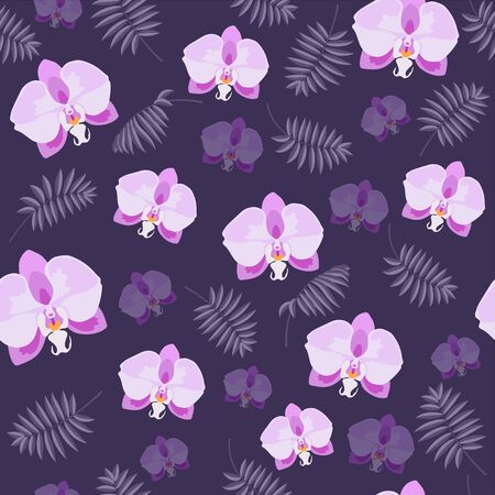 Pink orchid flowers and palm branch on the purple background vector seamless patternのイラスト素材