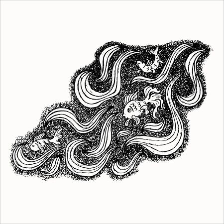 Sea fish in the big water wave hand drawn vector sketch isolated on the white backgroundのイラスト素材