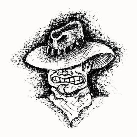 Angry man in the hat hand drawn vector sketch isolated on the white backgroundのイラスト素材