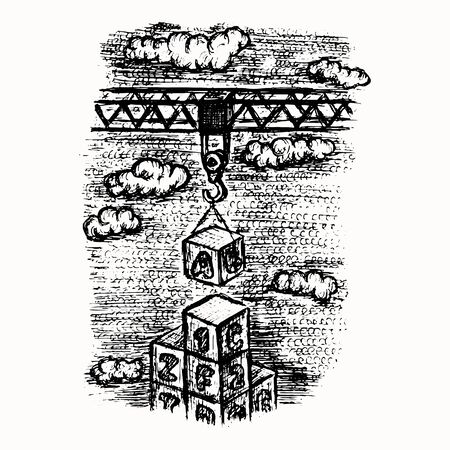 Concept of children education with baby toy ABC blocks and construction crane hand drawn vector sketch isolated on the white backgroundのイラスト素材