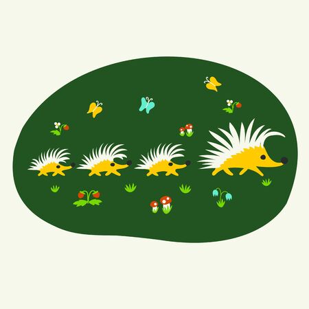 Cute cartoon walking hedgehog family in the forest vector on the green backgroundのイラスト素材