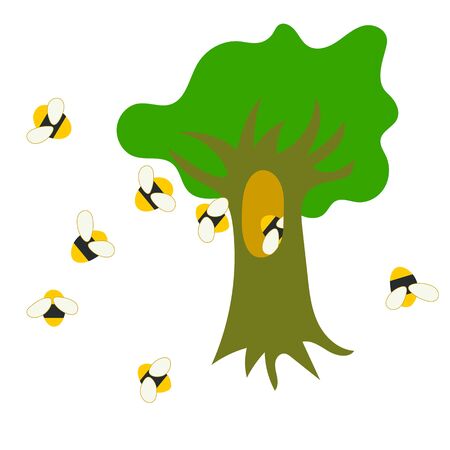 Cute cartoon hollow tree with bees in the forest vector icon isolated on the white backgroundのイラスト素材