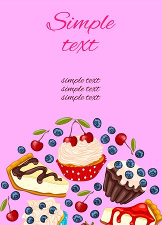 Cupcake and cheesecake vector cartoon style promo card, restaurant or cafe menu design. Flyer template with berries and muffins.のイラスト素材