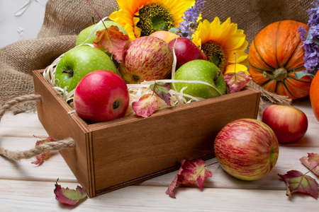 Rustic fall background with wooden box, pumpkin, autumn leaves, red, green apples and burlap centerpieceの写真素材