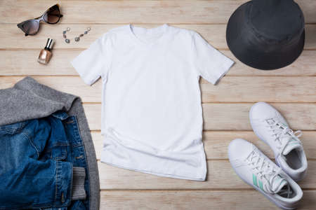 White womens cotton T-shirt mockup with sunglasses and jeans hooded jacket. Design t shirt template,...