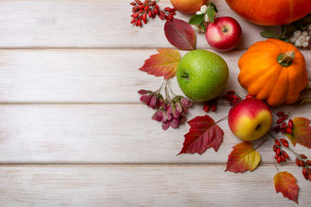 Fall background with yellow gourd, autumn leaves, red and green applesの写真素材