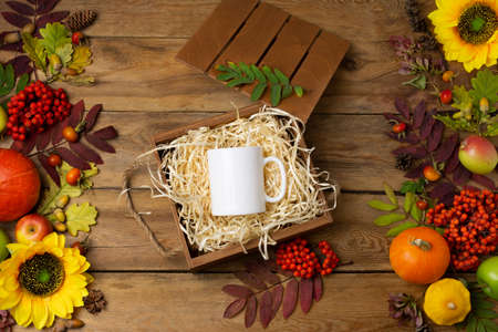 White coffee mug mockup with sunflowers, pumpkins and fall leaves. Empty mug rustic mock up for design promotionの写真素材