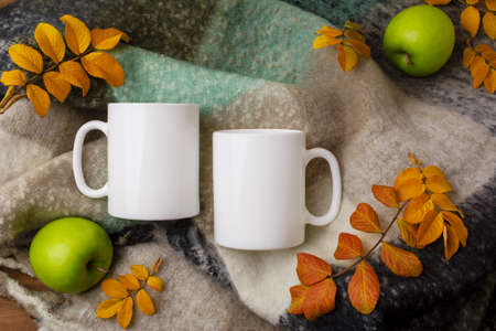 Two coffee white mugs mockup with cozy woolen blanket, green apples and fall yellow leaves. Empty mug mock up for design promotion, styled templateの写真素材