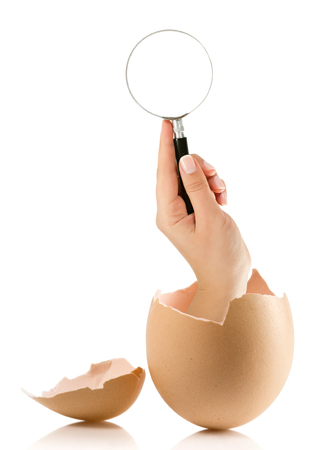 Hand with broken egg isolated on white backroundの写真素材