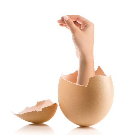 Hand with broken egg isolated on white backroundの写真素材