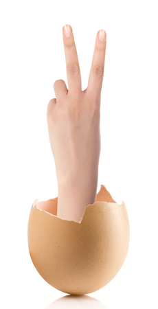 Hand with broken egg isolated on white backroundの写真素材