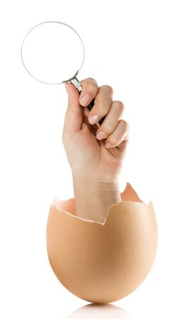 Hand with broken egg isolated on white backroundの写真素材