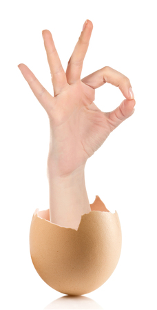 Hand with broken egg isolated on white backround.Female hand showing thumb up ok all right victory hand sign gesture. Gestures and signs. Body language on white backgroundの写真素材
