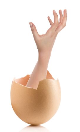 Hand with broken egg isolated on white backroundの写真素材