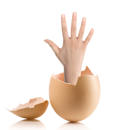 Hand with broken egg isolated on white backroundの写真素材