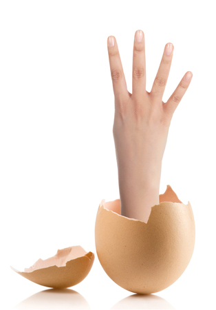 Hand with broken egg isolated on white backround.Image of female hand showing four fingers on a white backgroundの写真素材