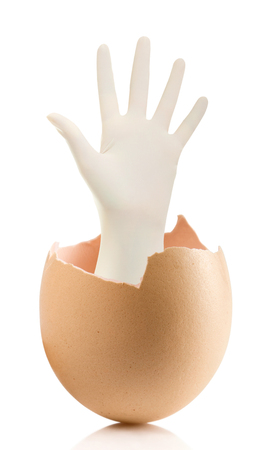 Hand with broken egg isolated on white backround.Hand with Surgical Gloves on white background medical conceptの写真素材