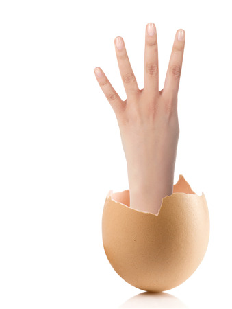 Hand with broken egg isolated on white backround.Image of female hand showing four fingers on a white backgroundの写真素材
