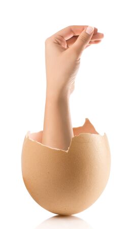 Hand with broken egg isolated on white backroundの写真素材