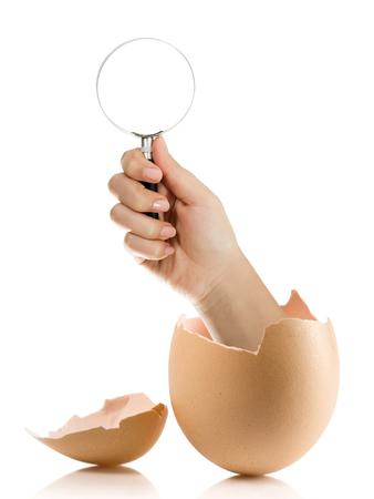Hand with broken egg isolated on white backroundの写真素材