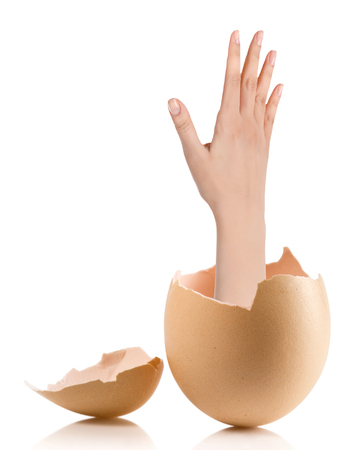 Hand with broken egg isolated on white backroundの写真素材