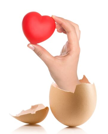 Hand with broken egg isolated on white backround. Heart in the handsの写真素材