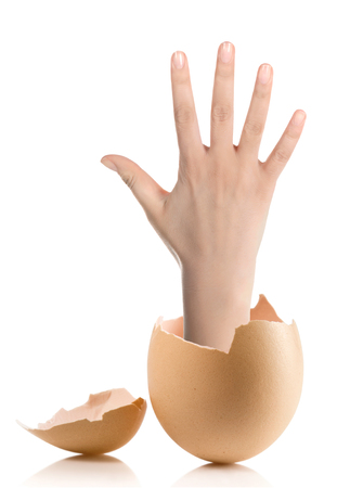 Hand with broken egg isolated on white backroundの写真素材