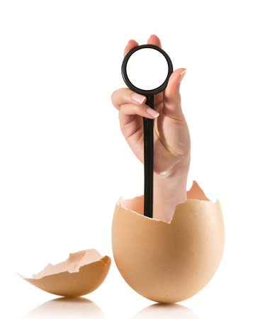 Hand with broken egg isolated on white backroundの写真素材