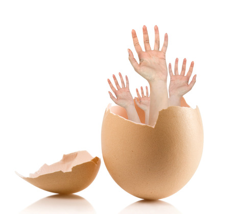 Hand with broken egg isolated on white backroundの写真素材