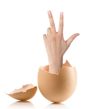 Hand with broken egg isolated on white backround.adult female hand holding three fingers in the air spread apart, (with clipping path)の写真素材