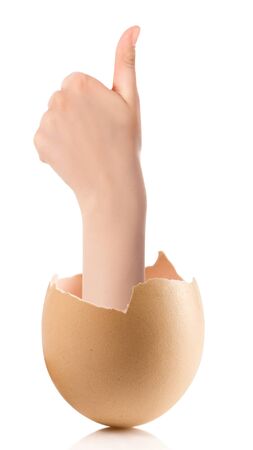 Hand with broken egg isolated on white backround. Business Concept Close Up of Hand Show Thump Up Sign for Agreement Sign Isolated on White Background.の写真素材