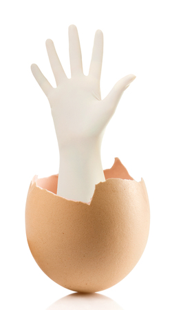 Hand with broken egg isolated on white backround.Hand with Surgical Gloves on white background medical conceptの写真素材