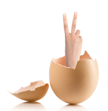 Hand with broken egg isolated on white backroundの写真素材
