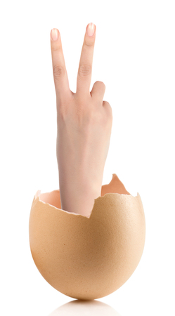 Hand with broken egg isolated on white backroundの写真素材