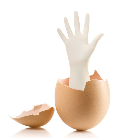 Hand with broken egg isolated on white backround.Hand with Surgical Gloves on white background medical conceptの写真素材