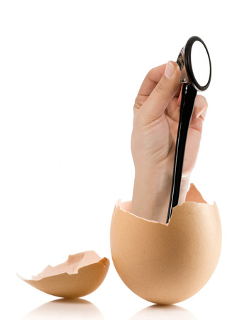Hand with broken egg isolated on white backroundの写真素材