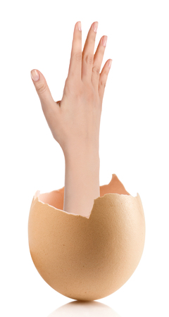 Hand with broken egg isolated on white backroundの写真素材