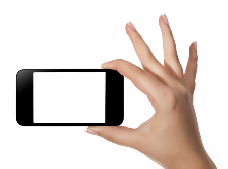 Hand with smart phone white screen isolated on white background with clipping pathの写真素材