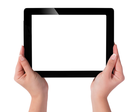 Hand holding a tablet computer with white screen. Woman hands showing empty screen of modern digital tablet. Hand holding tablet pc isolated on white background with blank screen.の写真素材