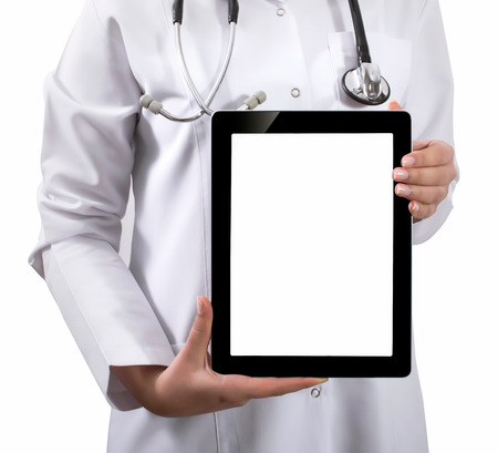 Hand holding a tablet computer with white screen. Woman hands showing empty screen of modern digital tablet. Hand holding tablet pc isolated on white background with blank screen.の写真素材