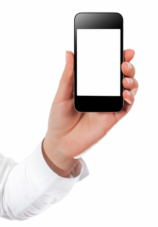Hand with smart phone white screen isolated on white background with clipping pathの写真素材