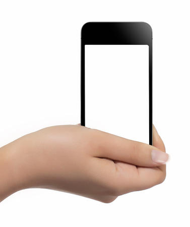 Hand with smart phone white screen isolated on white background with clipping pathの写真素材