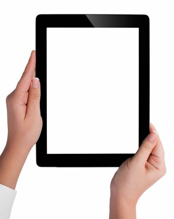 Hand holding a tablet computer with white screen. Woman hands showing empty screen of modern digital tablet. Hand holding tablet pc isolated on white background with blank screen.の写真素材