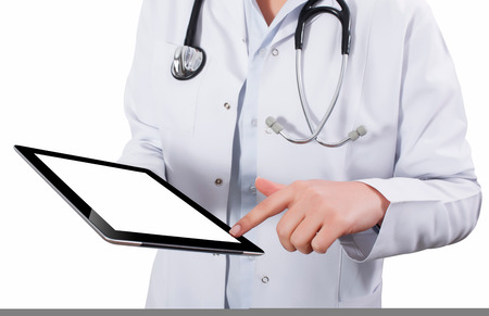 Hand holding a tablet computer with white screen. Woman hands showing empty screen of modern digital tablet. Hand holding tablet pc isolated on white background with blank screen.の写真素材