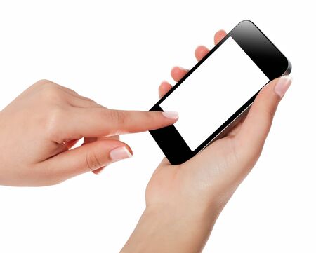 Hand with smart phone white screen isolated on white background with clipping pathの写真素材