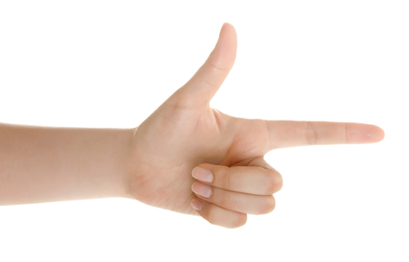 Woman hand pointing up with index finger or touching screen back hand side isolated on white background.の写真素材