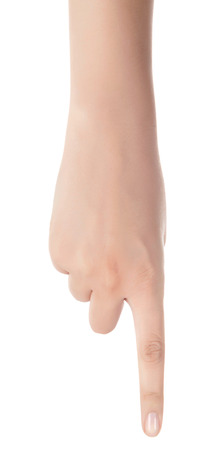Woman hand pointing up with index finger or touching screen back hand side isolated on white background.の写真素材